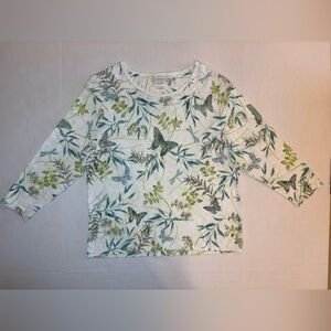 Morning Sun cotton nature botanical leaves butterfly print 3/4 sleeve top 2X